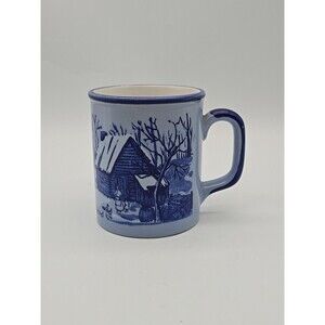 Otagiri Coffee Mug Cup Cobalt Blue on Blue Barn Winter Cabin Scene Made in Japan